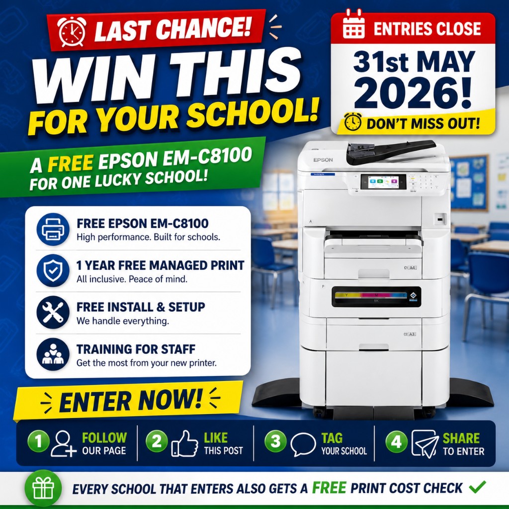 Win a free Epson EM-C8100 for your school — entries close 21 June 2026. Follow, like, tag your school, and share to enter.